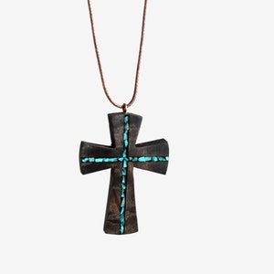 Turquoise Wood Cross Necklace Wood Resin Cross Pendant Bohemian Cross Necklace Wood Art Cross Necklace-Art Cross Jewelry Man Cross image 4