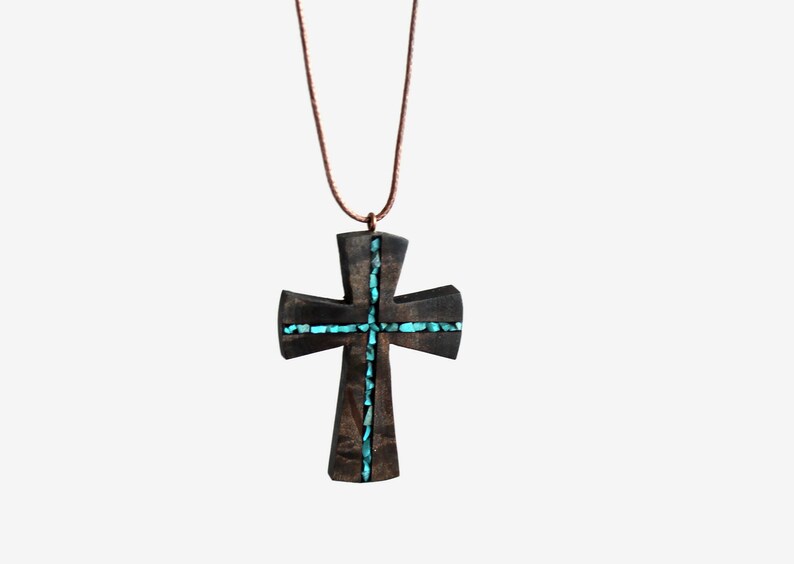 Turquoise Wood Cross Necklace Wood Resin Cross Pendant Bohemian Cross Necklace Wood Art Cross Necklace-Art Cross Jewelry Man Cross image 4