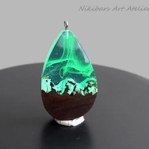 Aurora Borealis Necklace, Glow in Dark Necklace, Northern Lights Necklace, UV Glow Necklace, Modernist Pendant Necklace, Wood Resin Pendant