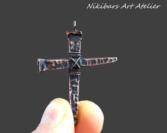 Nail Cross Necklace, Wrought Copper Cross Necklace, Hammered Copper Cross Necklace, Forged Cross, Art Cross Necklace, Copper Cross,Man Cross