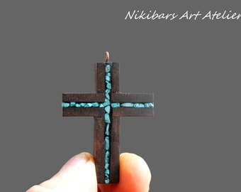 Wood Turquoise Cross Necklace - Wooden Boho Cross Necklace - Abstract Art Cross Necklace - Man Cross Necklace - Gift For Man - Wood Cross