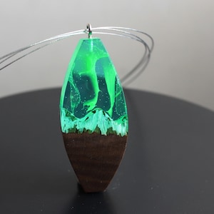 Aurora Borealis Necklace, Glow in Dark Necklace, Northern Lights Necklace, UV Glow Necklace, Modernist Pendant Necklace, Wood Resin Pendant