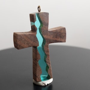 Blue Wooden Cross Necklace, Wood Resin Cross Pendant, Blue Resin Cross Jewelry, Modernist Cross, Handcrafted Man Cross, Handmade Art Cross