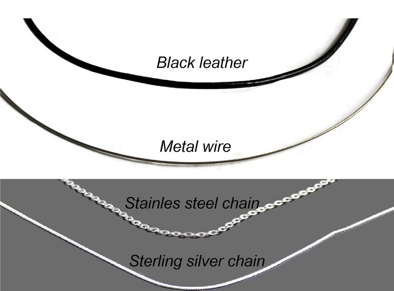 May include: A selection of necklace materials against a gray background. The options include a black leather cord, a metal wire, a stainless steel chain, and a sterling silver chain. Text labels identify each material.