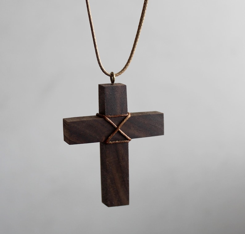 Walnut Wood Cross Necklace – Handmade Rustic Pendant image 3