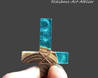 Resin Dandelion Cross Necklace - Wood Resin Cross Pendant - Man Wood Cross Necklace - Wooden Cross Necklace - Handmade Art Cross Jewelry