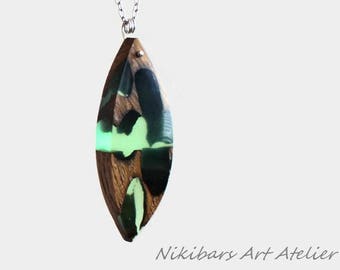 UV Glow Jewelry - Glow in Dark Necklace - Drift Wood Resin Necklace -  Modernist Necklace - Art Resin Pendant - Wooden Pendant -Glow Jewelry