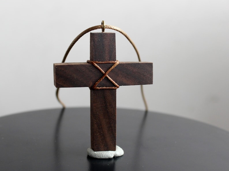 Walnut Wood Cross Necklace – Handmade Rustic Pendant image 1