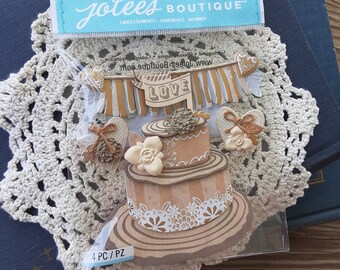 Jolee's Boutique Rustic Wedding Cake  - Set of 4 Embellishments, Rustic Wedding Cake, Wood Accents, Rustic Banner, Rustic Hearts