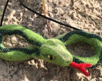 Needle felted green snake,magnet,necklace,infinity.