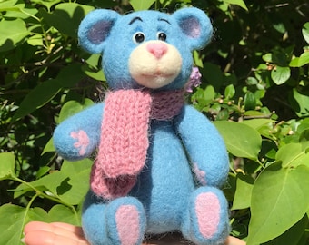 Needle felted teddy bear, blue bear.