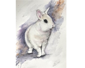 White Rabbit Original Watercolour Painting, White Bunny