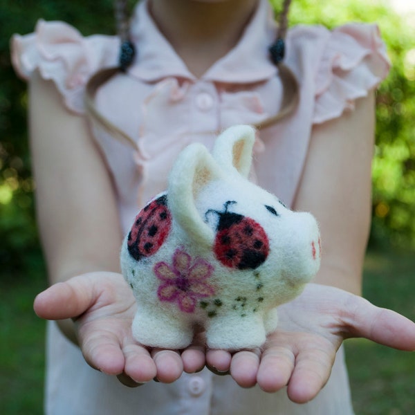 Needle felted cute little pig with ladybugs and flower