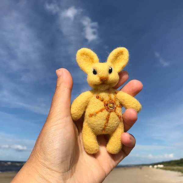 Needle felted bunny brooch, yellow bunny, sunny bunny