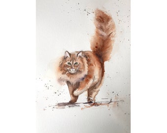 Ginger Cat Original Watercolour Painting, Cat Art