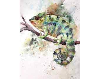Chameleon Original Watercolour Painting, Lizard Animal Art