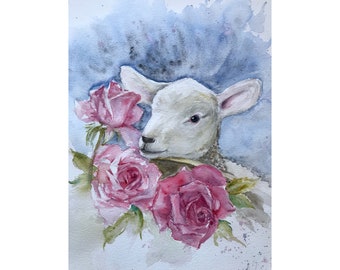 A baby lamb with big roses. Lamb Original Watercolour Painting. Sheep Art