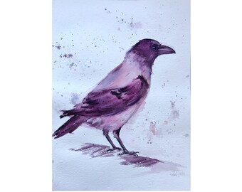 Purple Crow Original Watercolour Painting, Bird Art