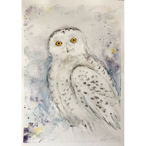 White Owl Original Watercolour Painting, Bird Art