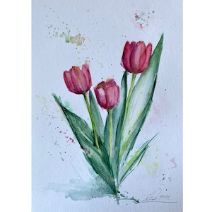 Rote Tulpen Original Aquarell Malerei, Blumen Kunst, Frühlingsblumen