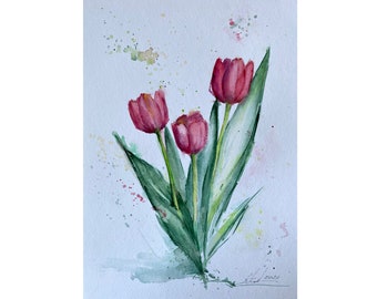 Red Tulips Original Watercolour Painting, Flowers Art, Spring Flowers