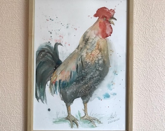 Original Hahn Aquarell Bild: Bauernhaus Bild (21x30cm)