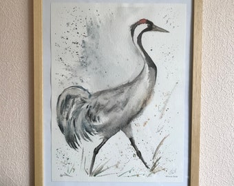 Grey Crane bird Original watercolour painting,Bird Watercolour Artwork