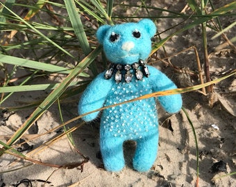 Needle felted bear brooch,blue bear with necklace.