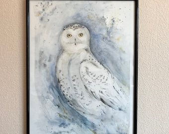 White Owl Original Watercolour Painting, Bird Art