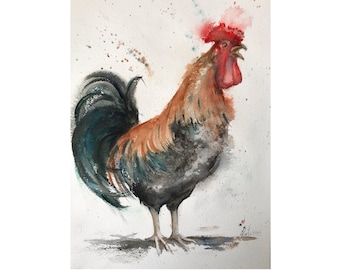 Rooster Original Watercolour Painting, Bird Art