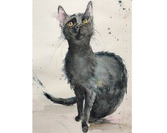 Black Cat Original Watercolour Painting, Cat Ar