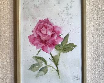 Pink Rose Original Watercolour Painting, Flower artwork