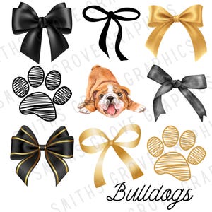 Black and Gold Bulldogs PNG | School Spirit Sublimation Design with Bows, Paw Prints, and Bulldog Mascot | Digital Download