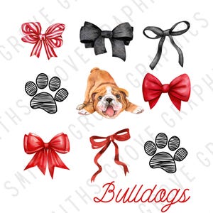Red and Black Bulldogs PNG | Mascot Sublimation Clipart | School Spirit Cheer Bow and Paw Print Digital Download