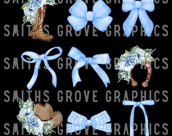 Western Cowgirl Clipart PNG: Blaue Schleifen, Stiefel, Hut, Hufeisen (Digitaler Download