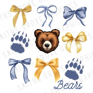 Bears Bow PNG: Navy and Gold Mascot, Spirit Wear Design (Digital Download)