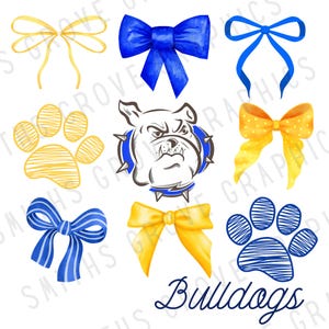 Bulldogs PNG Sublimation Design | Blue and Yellow Mascot Clipart | Digital Download for Spirit Wear, Teacher Shirts, Game Day Gear