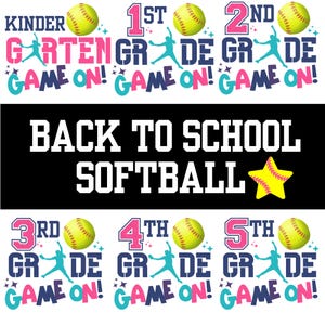 Puede incluir: Diseño gráfico para el regreso a clases de softbol. El diseño incluye las palabras "Kindergarten", "1er grado", "2do grado", "3er grado", "4to grado" y "5to grado" con pelotas de softbol y la frase "Game On!"