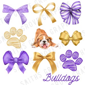 Purple and Gold Bulldogs PNG | School Spirit Sublimation Design with Bows, Paw Prints, and Bulldog Mascot | Digital Download