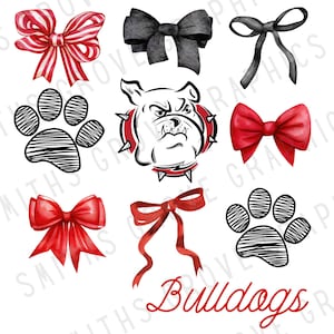 Red and Black Bulldogs 2 PNG | Mascot Sublimation Clipart | School Spirit Cheer Bow and Paw Print Digital Download