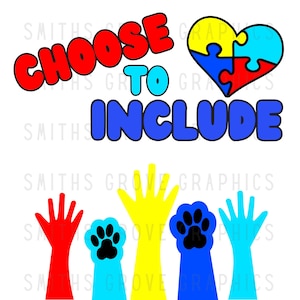 Puede incluir: Elige incluir texto en rojo, azul y amarillo con un corazón de pieza de rompecabezas en azul, amarillo y rojo. Cinco manos levantadas en rojo, azul, amarillo y turquesa con una huella de pata negra en cada una de las manos azules y turquesas.