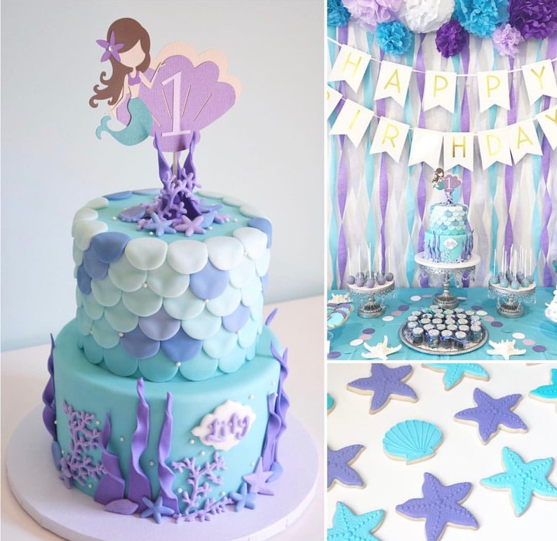 Mermaid Topper First Birthday Cake Topper Mermaid Cake Topper Purple and Aqua Party Under the Sea Mermaid Cake Topper Mermaid Party