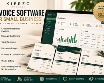 May include: Kierzo Invoices software for small business displayed on a laptop screen with a dashboard showing revenue and invoices. Three printed invoice templates are arranged in front of the laptop, featuring green and gold branding.