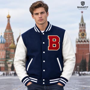Men's Navy Blue Varsity Jacket with White Sleeves, Red B Letter Patch, Classic Bomber Jacket, Snap Button Streetwear