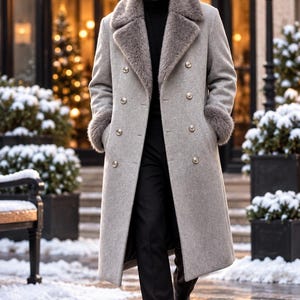 Men's Grey Long Winter Coat, Double Breasted Button Overcoat, Classic Fur Collar Style