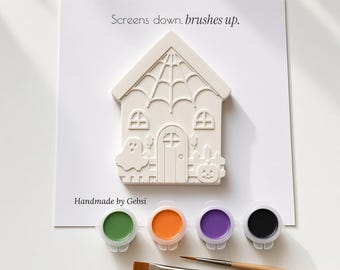DIY Haunted House Painting Kit: Hand-cast Figurine, 4 Pots, 2 Brushes