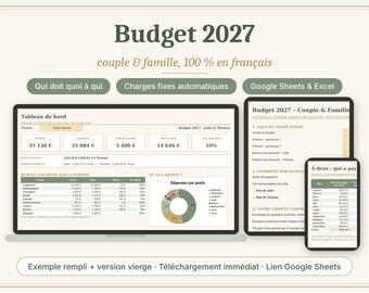 Peut inclure: Un modèle de planificateur budgétaire numérique pour 2027 intitulé Budget 2027, couple & famille, 100% en français. L'affichage présente un tableau de bord, des tableaux de suivi des dépenses et un graphique sur écran d'ordinateur.
