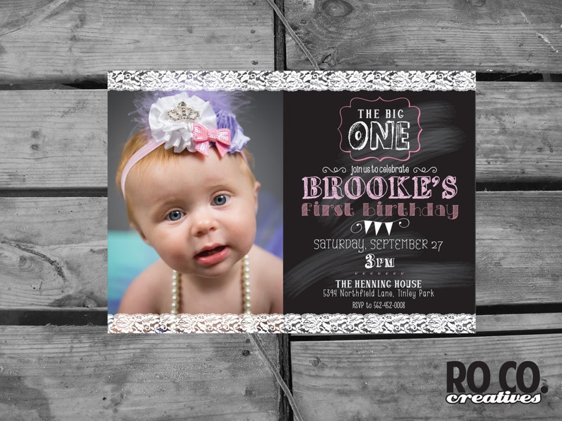Lace Chalkboard Printable Photocard Birthday Party Invitation