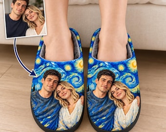 Personalized Photo Slippers, Van Gogh Starry Night Inspired, Custom Couple Portrait House Shoes with Plush Lining
