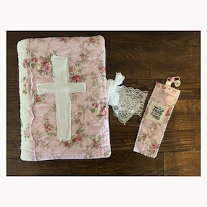 Bible/Book Cover with Bookmark, Floral Quilted, Fabric Tie Closure